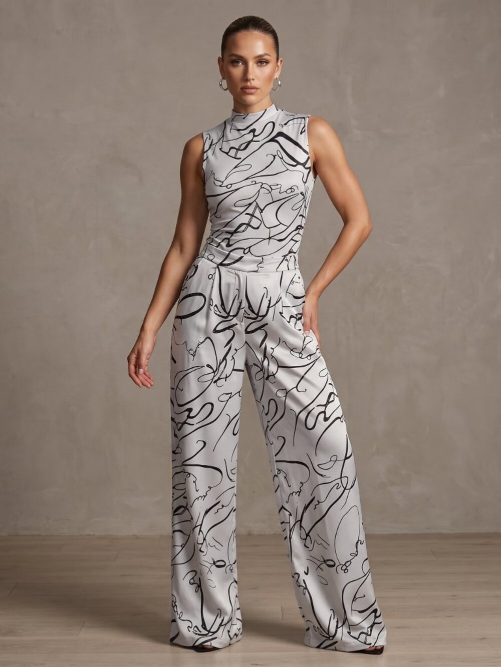 NWOT White & Black Abstract 2-Piece Set | Mock Neck Bodysuit | Wide Leg | Large